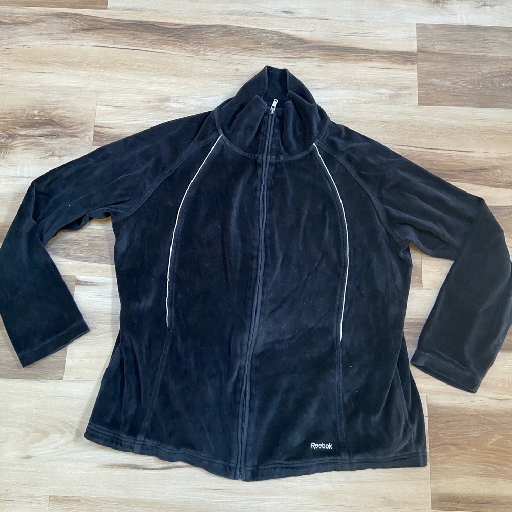 Reebok Velour Track Jacket XL Full Zip Mock Neck Activewear Black Cotton Blend